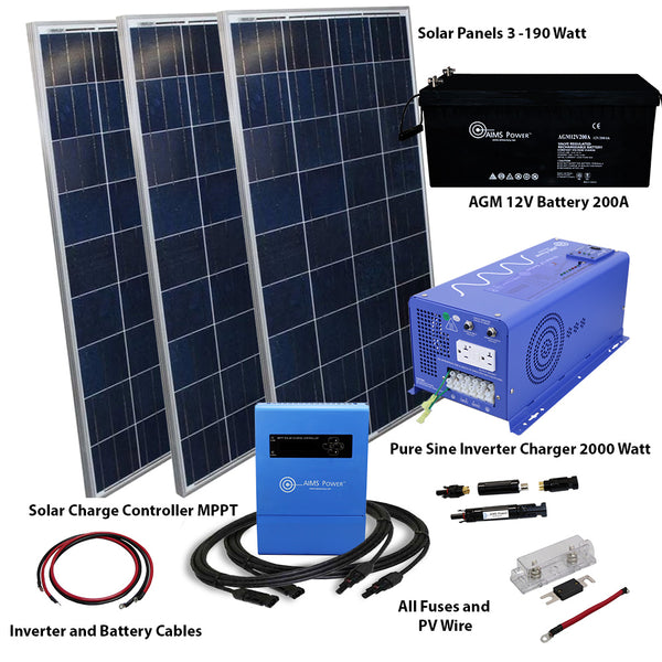 AIMS Power Solar Kit 570 W Solar | 2000 W Pure Sine Inverter Charger | 200 A Battery