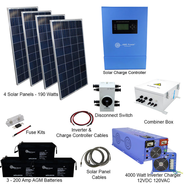 AIMS Power Solar Kit 760 W Solar | 4000 W Pure Sine Inverter Charger 120/240VAC | 600 A Batteries