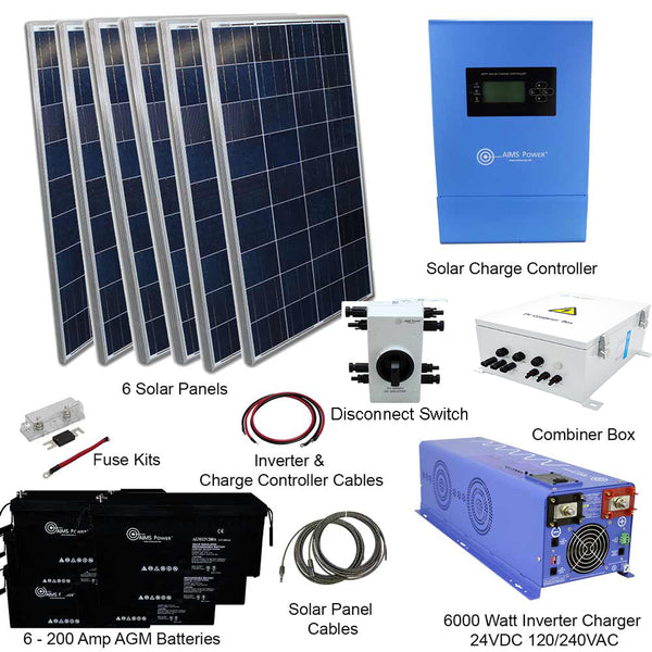 AIMS Power Solar Kit 1980 W Solar | 6000 W Pure Sine Inverter Charger 24VDC 120/240 VAC | 600 A Batteries